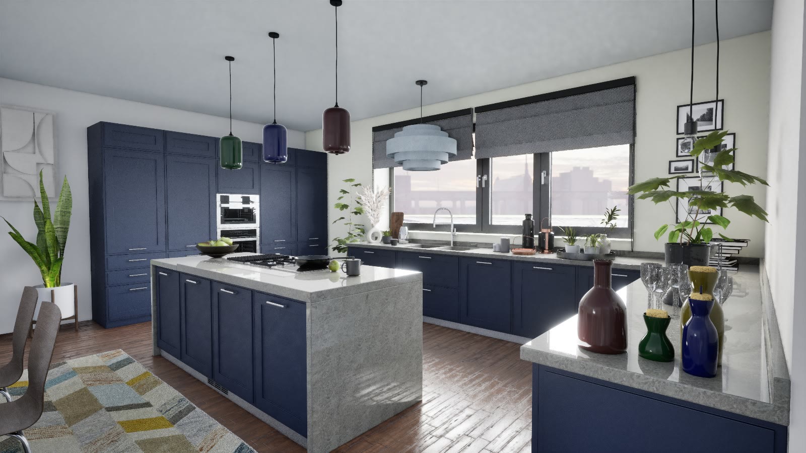 Unreal Engine render of a modern blue kitchen with pendant lights and an island